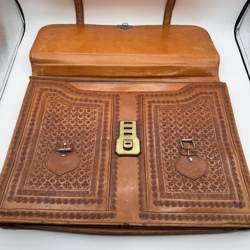 Vintage House of Uppenheim Tooled Leather Briefcase Brown Aztec Eagle Mexico Bag